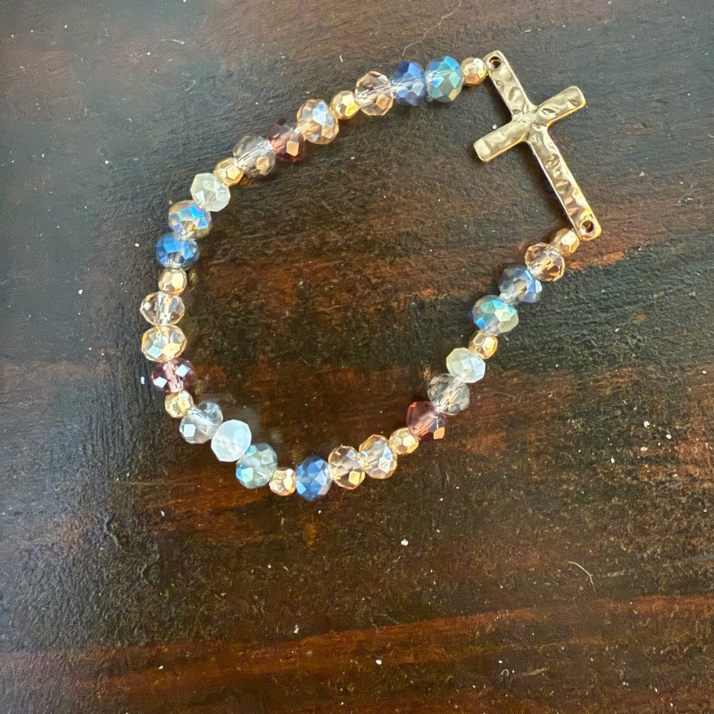 Gold and Blue Beaded Bracelet with Cross Charm